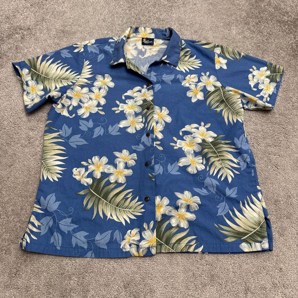 Vintage Royal Creations Hawaiian Shirt Womens Large Blue Floral Aloha Blouse Top